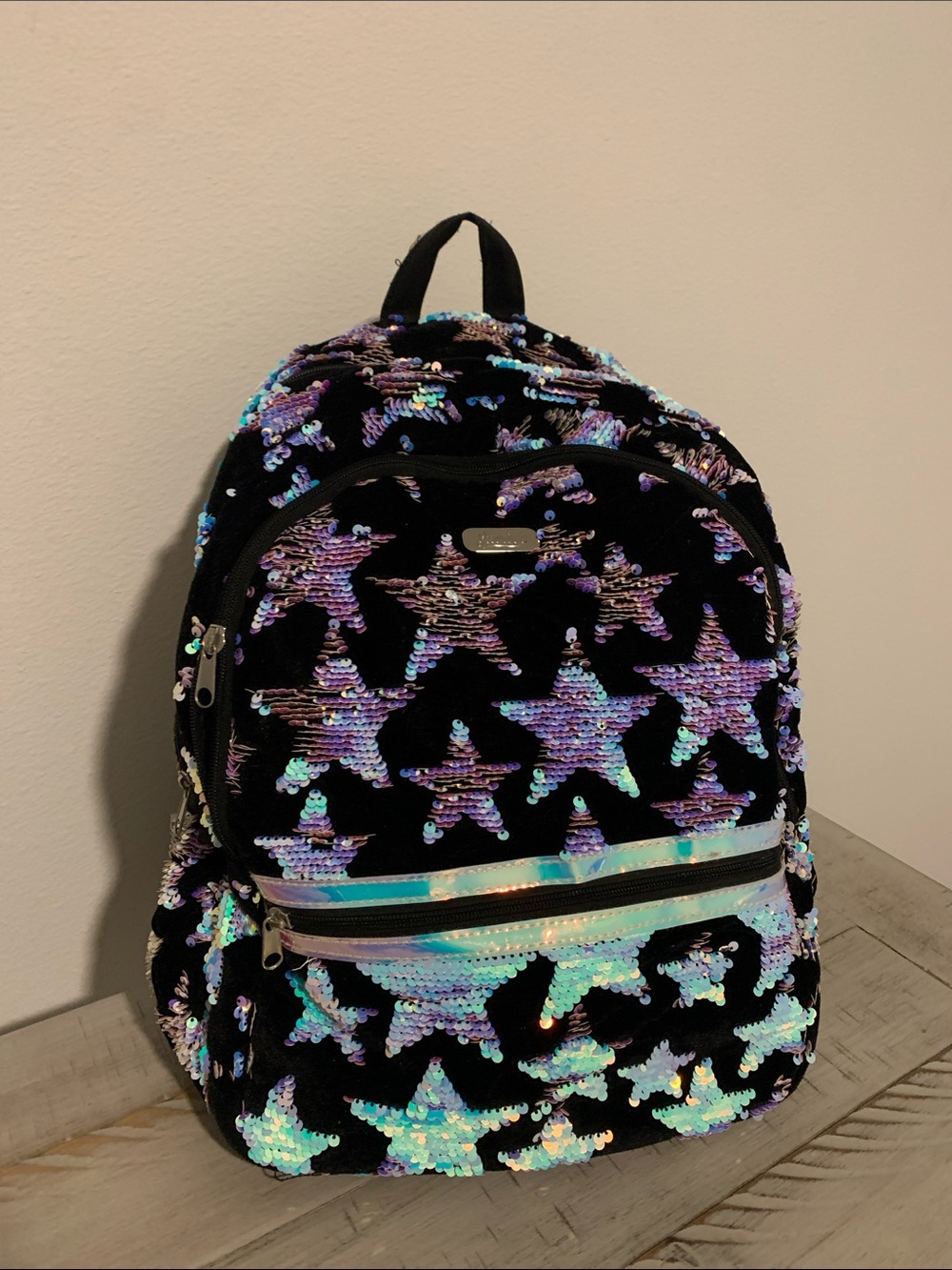 Black Sequin Star Backpack with Iridescent Accents- school or festival